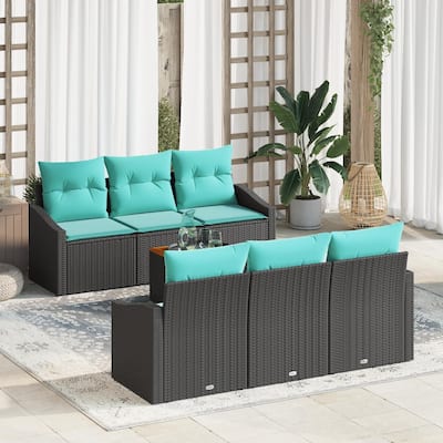 vidaXL 7 Piece Garden Sofa Set with Cushions Black Poly Rattan Acacia - 70.1×24.4×27.2