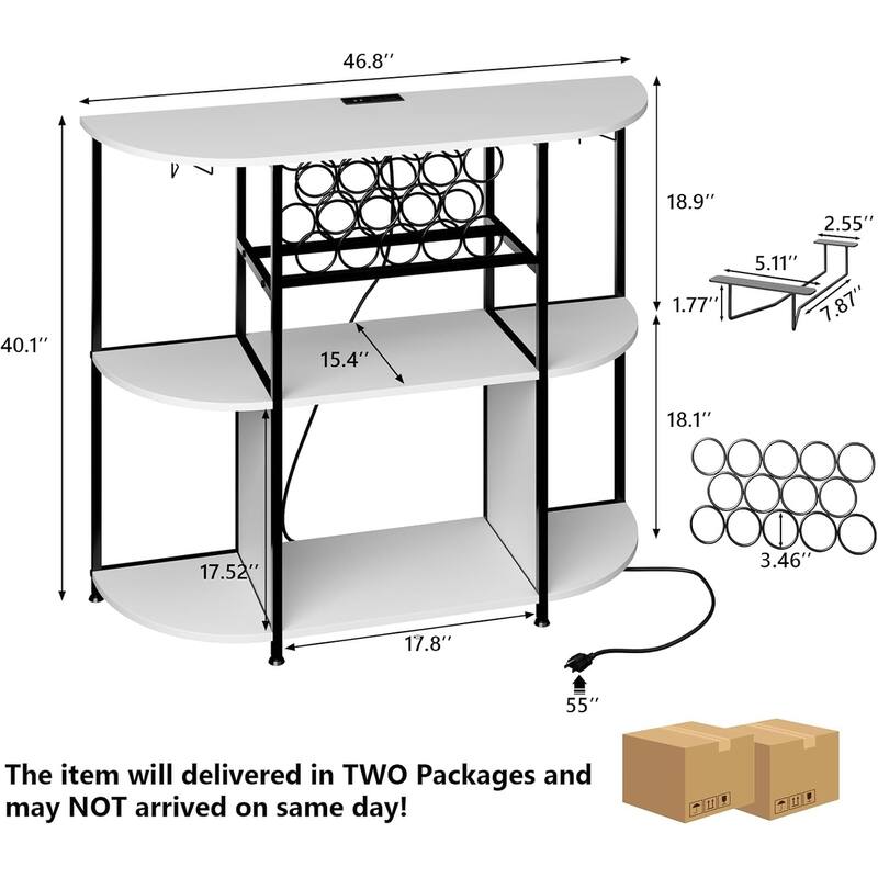 BOSSIN Wine Rack with Power Outlet and LED Lights, Home Bar Table Cabinet for Liquor with Fireplace,4-Tier Storage Glass Holder