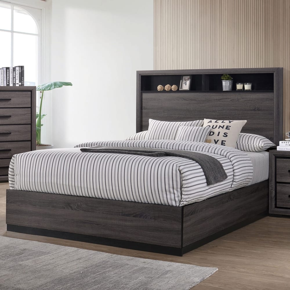 Furniture of America Rothwell Grey Wood Bed with Bookcase Headboard