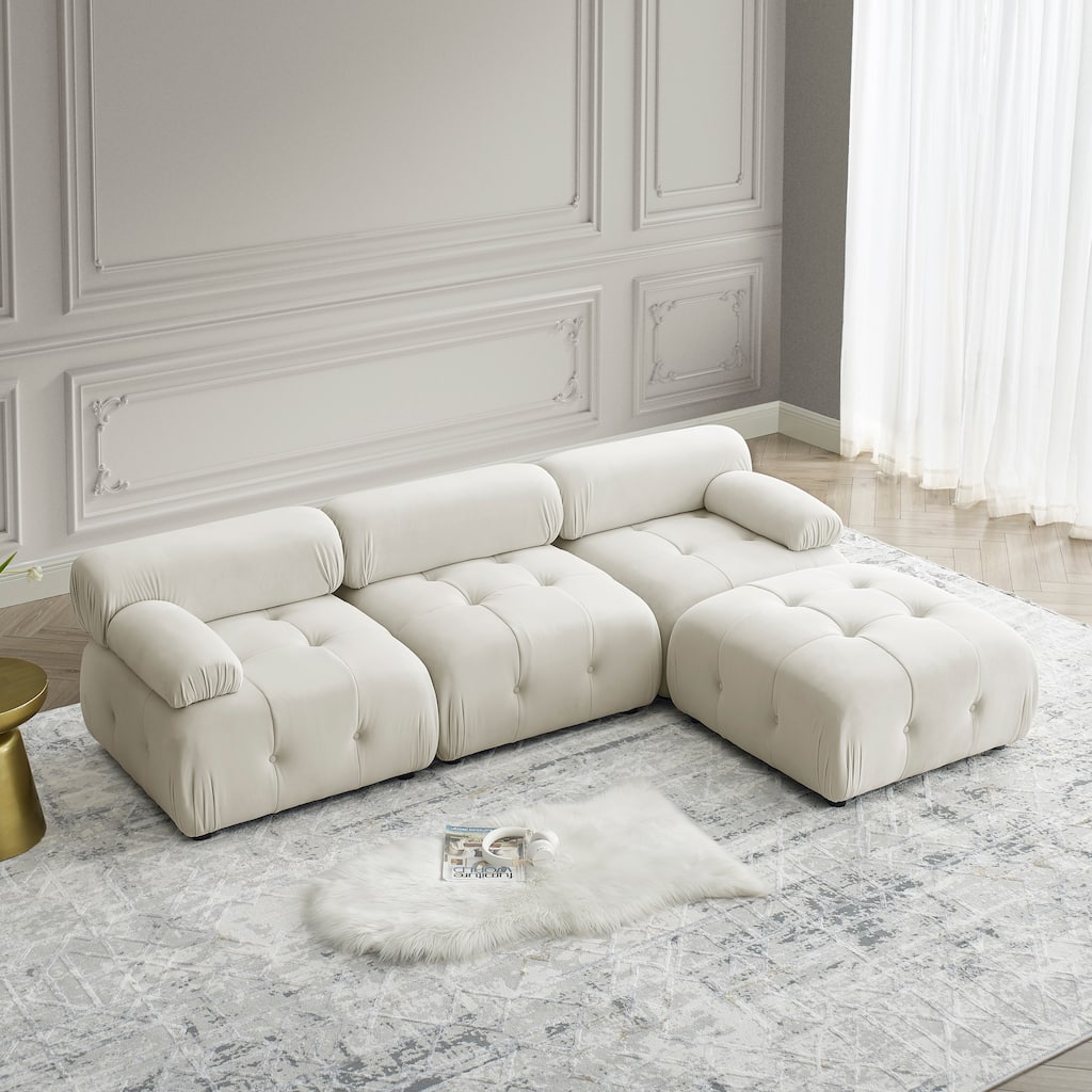 Modular Sectional Sofa, Button Tufted Designed and DIY Combination,L Shaped Couch with Reversible Ottoman, Beige Velvet