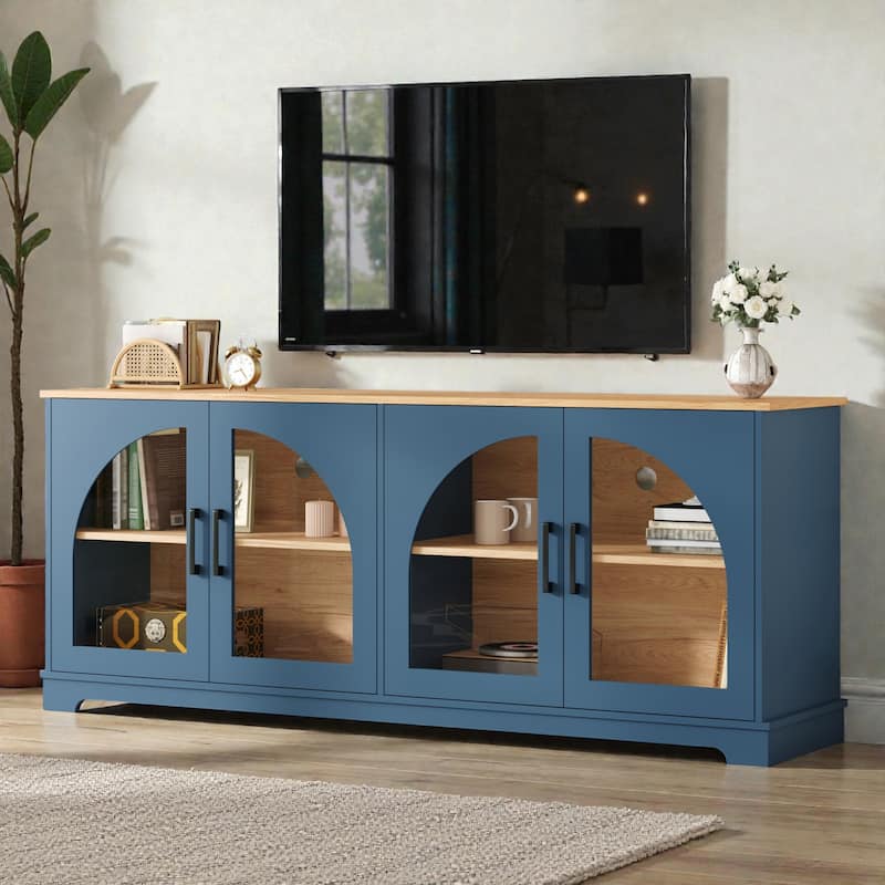 Farmhouse TV Stand for TVs up to 70 Inch with Arched Glass Doors, Two Tone Wood Grain Media Console with Shelves