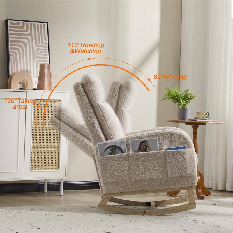 Modern Accent Rocking Chair Rocking Chair with Solid Wood Legs, Upholstered Nursery Glider Rocker Side Pocket and Footrest