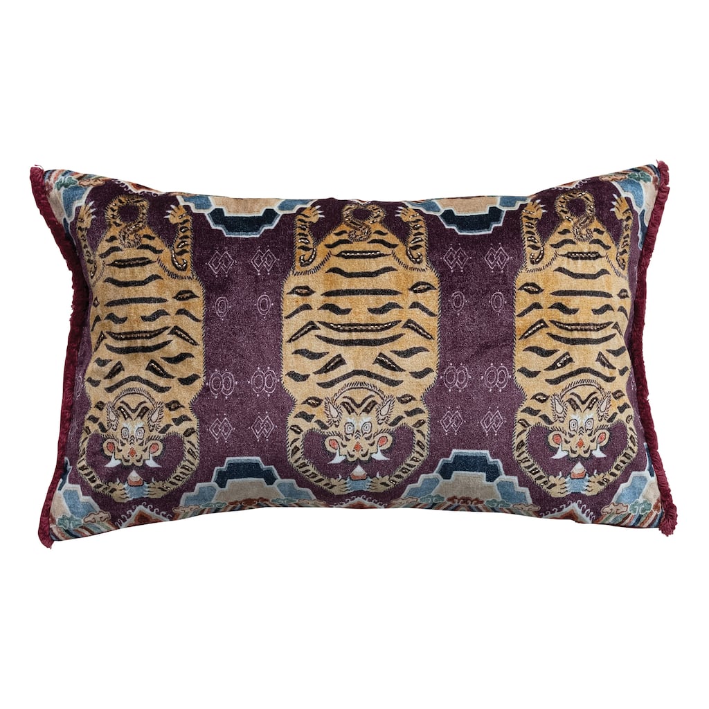 Cotton Velvet Printed Lumbar Pillow with Pattern, Beads and Fringe