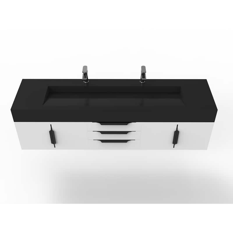 Nile 72" Wall Mounted Bathroom Vanity Set w/ Black Top