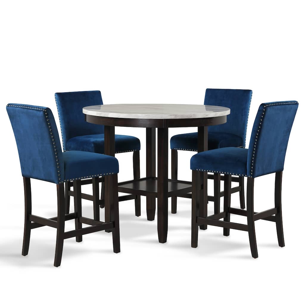 White Faux-Marble 5-Piece Round Counter-Height Dining Set with Blue Velvet Chairs