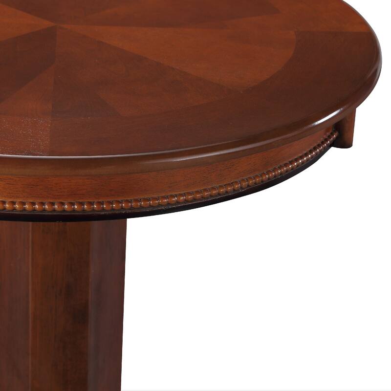 Ava 42 Inch Wood Pub Bar Table, Sunburst Design, Carved Pedestal, Dark Brown