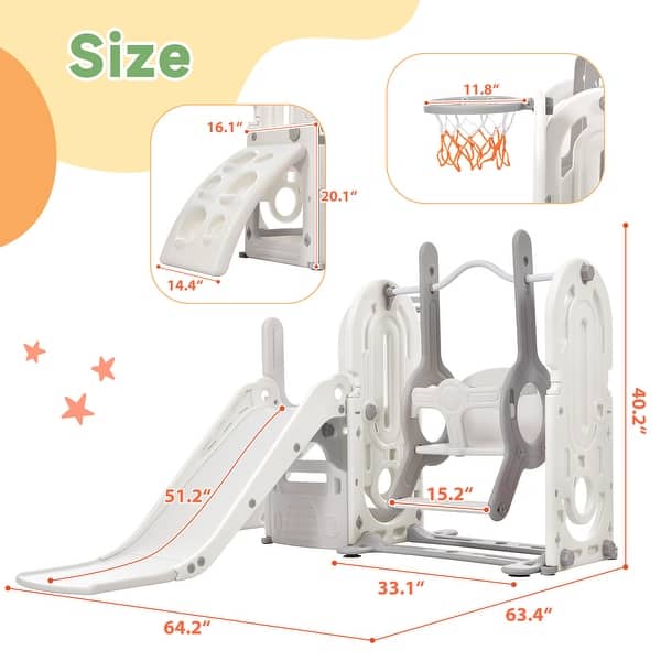 dimension image slide 0 of 2, 5 In 1 Kids Playground Climber Slide Playset with Toddler Slide And Swing - 64.2'' L x 63.4'' W x 40.2'' H