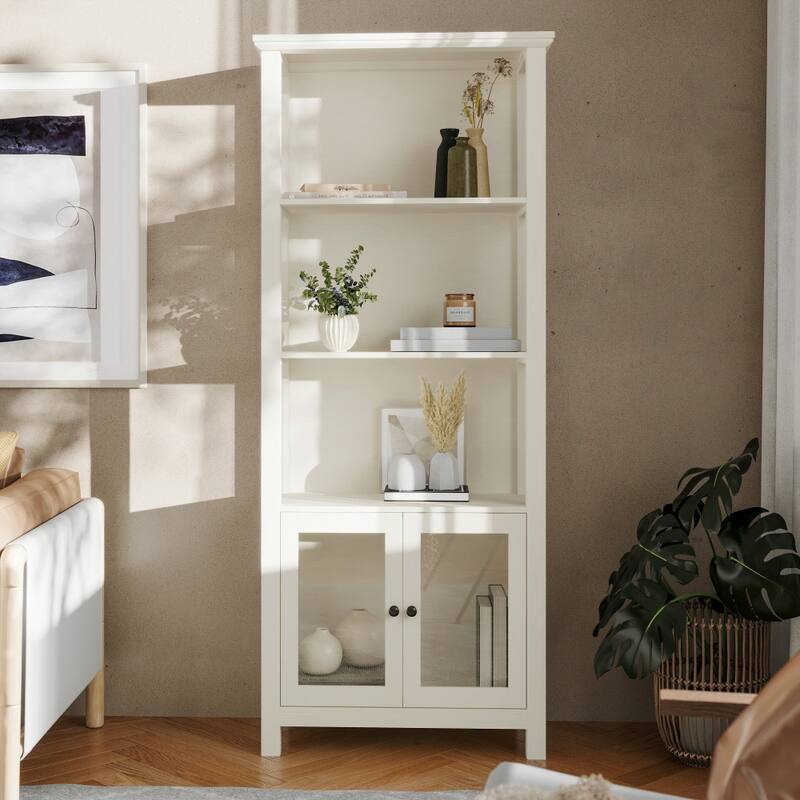 3 Tier Farmhouse Style Storage Cabinet Bookshelf with Glass Doors