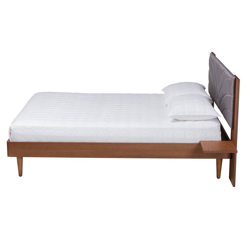 Hemera Mid-Century Modern Grey Fabric and Walnut Brown Wood Queen Size Platform Bed With Floating Side Table