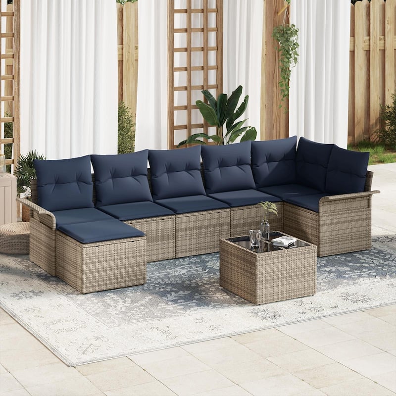 vidaXL 7/8 Garden Sofa Set with Cushions Black/Brown/Grey Poly Rattan - 117.1 x 52.2 x 27.2 - Grey with table