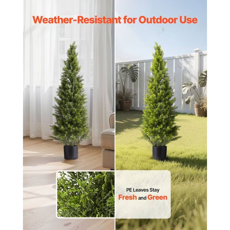 Set of 2 Artificial Topiary Cedar Trees Faux Greenery with Iron & PE Trunks, Weather-Resistant Decorative Plants