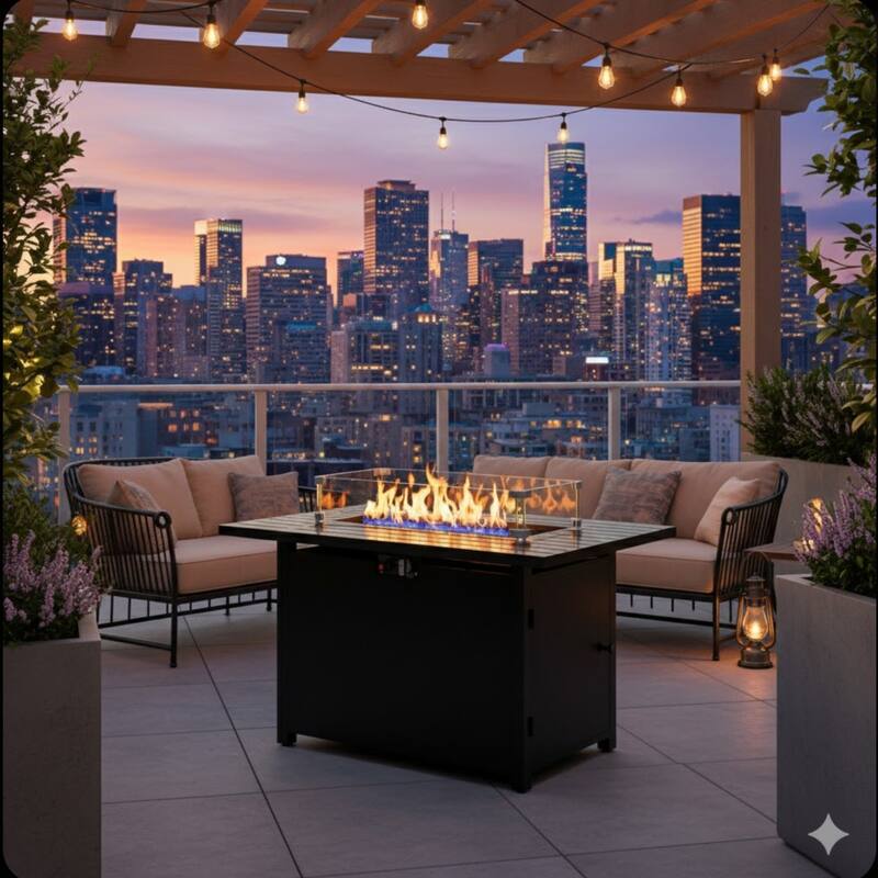 43" 2in1 Black Fire Pit Table with Lid & Glass Shield, 50000 BTU CSA Certified, Waterproof Cover