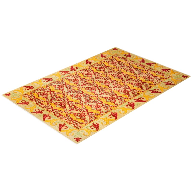 Overton Hand Knotted Wool Vintage Inspired Modern Contemporary Arts & Crafts Yellow Area Rug - 6' 7" x 9' 10"