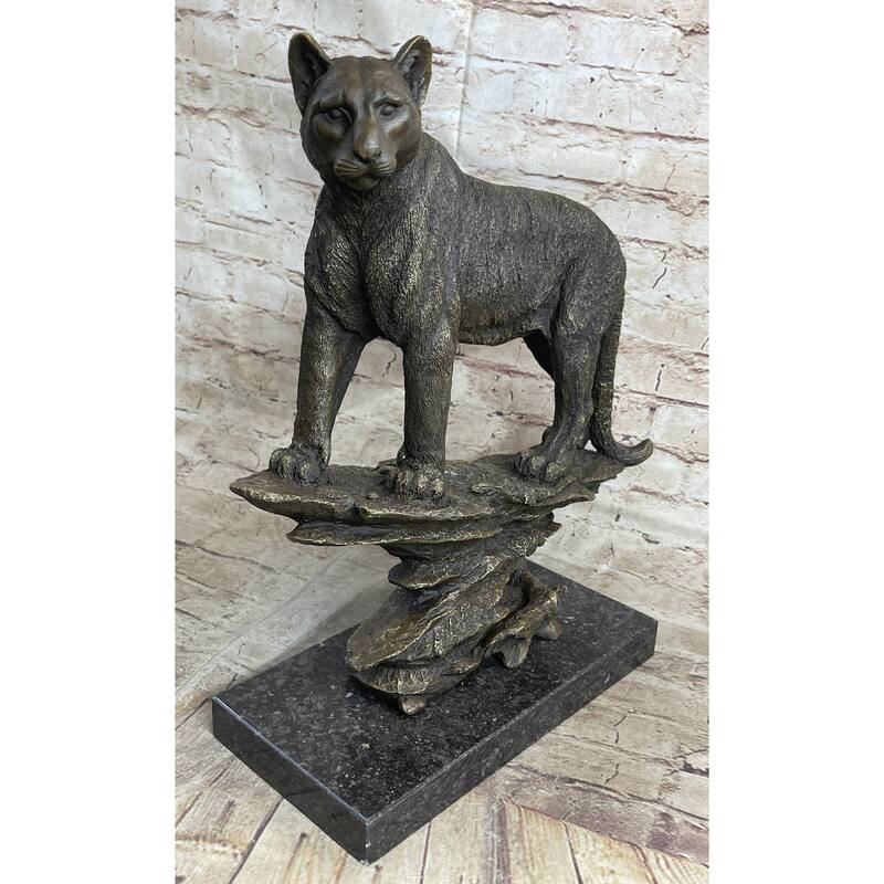 Mountain Imitative Lion Puma Panther Cougar Bronze Sculpture Statue Figure On Marble Base