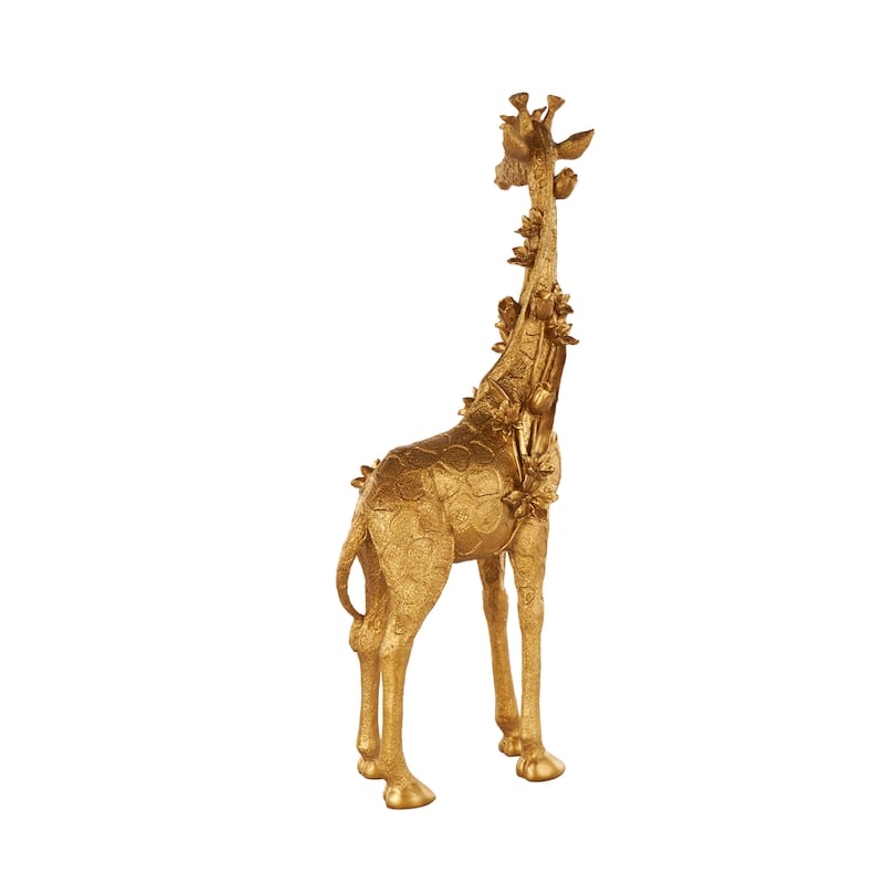 Gold Resin Standing Giraffe Decorative Sculpture with Textured Spots and Floral Accents - 7"W x 13"L x 30"H