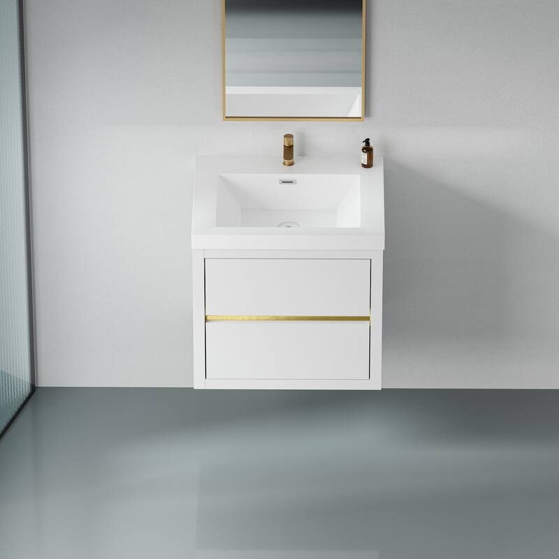 35.5" Glossy White Bathroom Vanity with U-Shape Drain Design, Soft-Close Drawers, and Stone Resin Countertop
