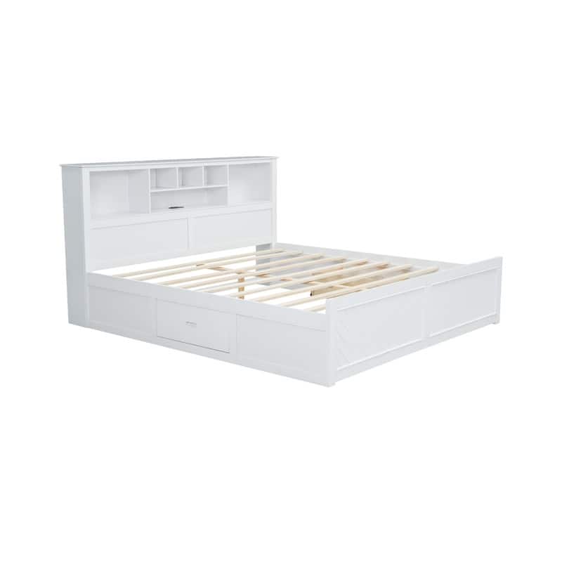 Solid Wood Bed Frame with Storage Bookcase Headboard and 2 Drawers, King Size Platform Bed with USB Port and Storage Shelves