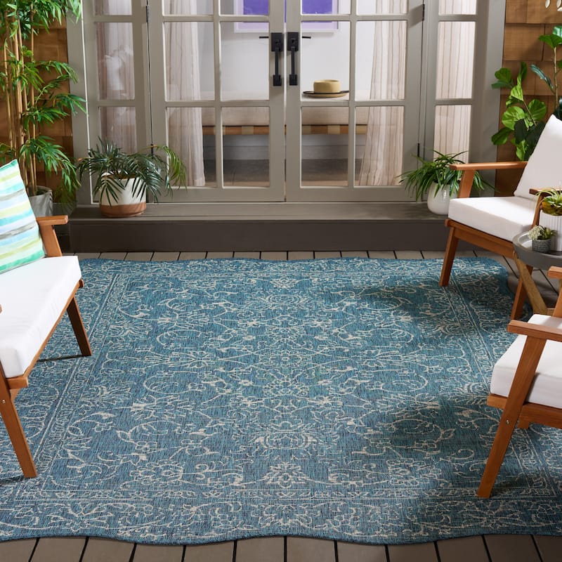 SAFAVIEH Courtyard Hasina Indoor /Outdoor Waterproof Patio Backyard Rug - 8' x 10' Rectangle Scallop - Navy/Ivory
