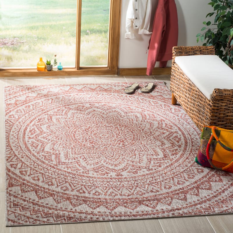 SAFAVIEH Courtyard Fran Mandala Indoor/ Outdoor Waterproof Patio Backyard Rug - 4' x 5'7" - Light Beige/Terracotta