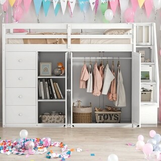 Full Size Functional And Stylish Wood Loft Bed With Built-in Wardrobes,Cabinets And Drawers