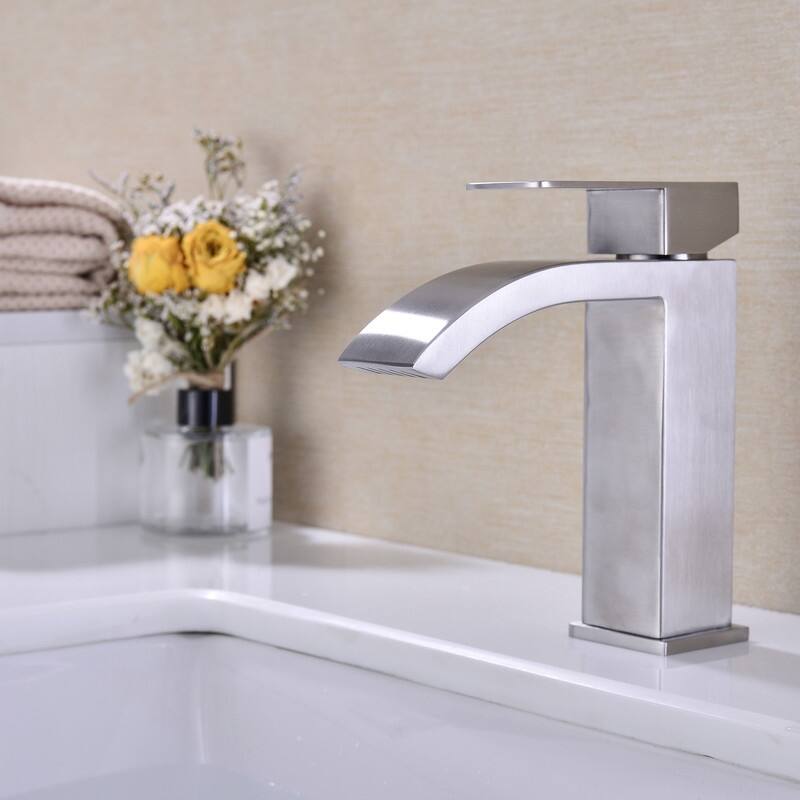 Single Handle Waterfall Bathroom Vanity Sink Faucet with Extra Large Rectangular Spout, Brushed Nickel