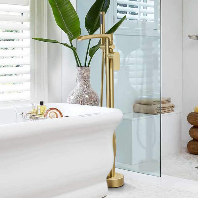 Single Handle Floor Mounted Freestanding Waterfall Tub Filler with Handheld Shower