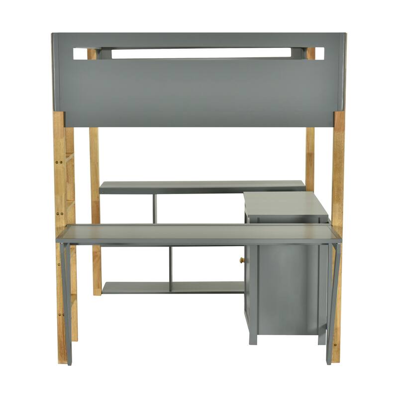 Space-Saving Twin Size Wooden Loft Platform Bed Frame with Storage Cabinet and Foldable Desk, Modern and Stylish for Bedroom