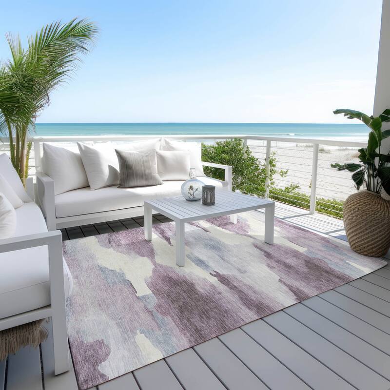 Machine Washable Indoor/ Outdoor Abstract Watercolor Chantille Rug
