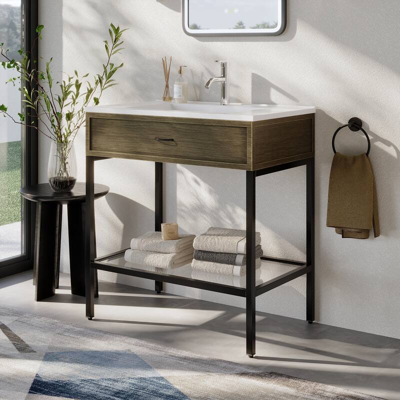 Ansel Freestanding Bathroom Vanity with Single Sink, One Glass Shelf, Metal Legs
