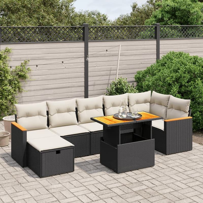 vidaXL Patio Sofa Set with Cushions Outdoor Conversation Furniture Poly Rattan - Black and Cream-without storage - 21.7 x 39.4 x 28.7
