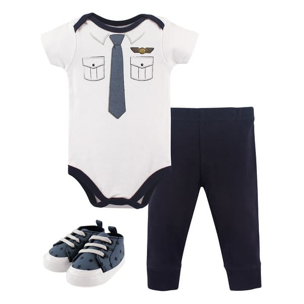 slide 1 of 1, Little Treasure Baby Boy Cotton Bodysuit, Pant and Shoe 3pc Set, Pilot 0-3 Months - Pilot