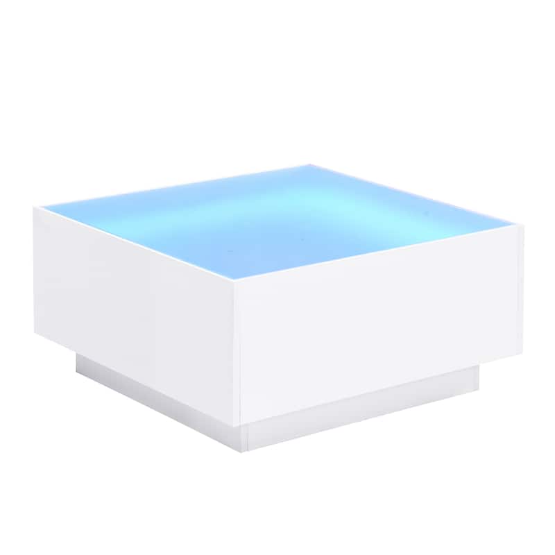 Square High Glossy Coffee Table with LED Strip Lights and Tempered Glass Top