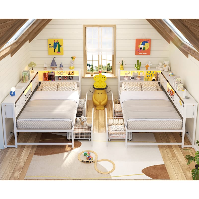 Corner Daybed with Drawers and Bookcase, Twin Bed Frame with LED Light and Charging Station
