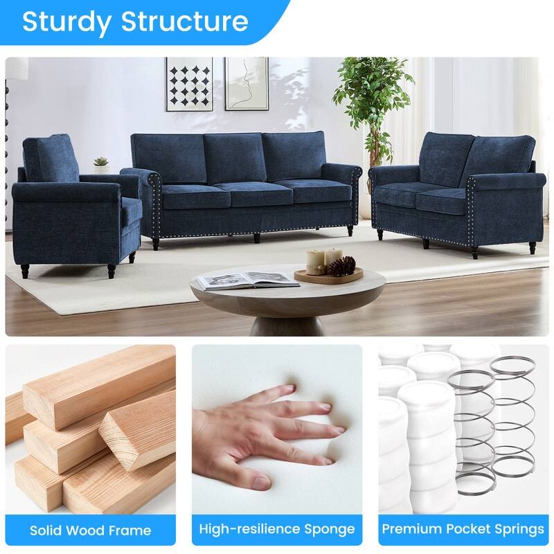 Mixoy 3Piece Chenille Living Room Sofa Set,Modern 3-Seater Sofa Couch&Loveseat Sofa&Single Sofa Armchair Set,Unique Riveted Look