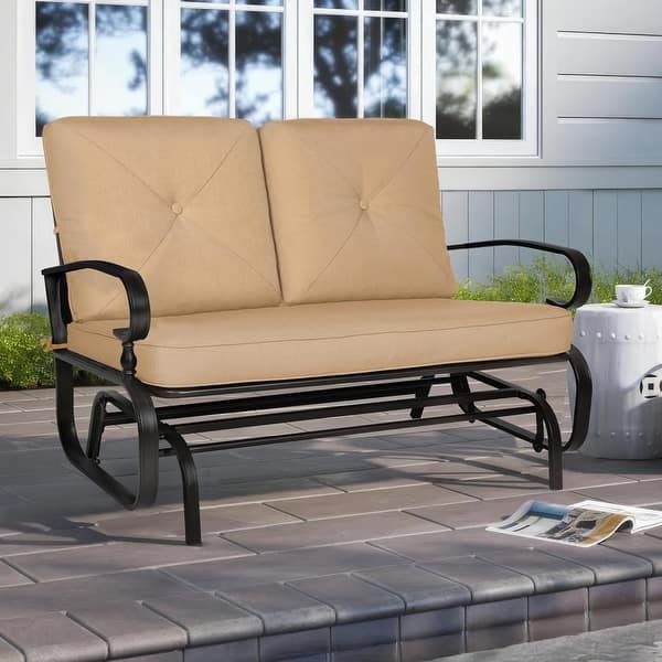 Outsunny Patio Glider Wicker Loveseat – 2-Person Double Swing Chair, Black Rattan Rocker