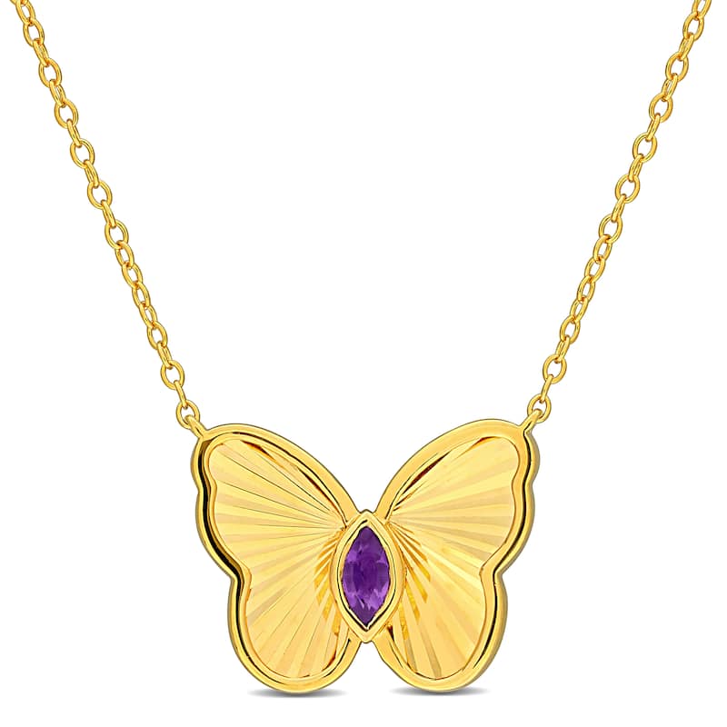 Miadora 1/8ct TGW Marquise-Cut Amethyst Butterfly Necklace with Chain in Yellow Silver-17 in