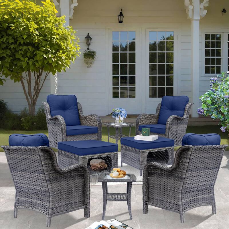 8 Piece Outdoor Wicker Patio Furniture Conversation Chair and Ottoman Set