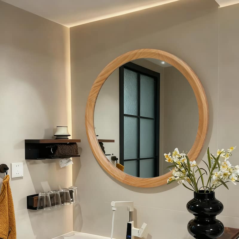 Natural Wood Round Wall Mirror - Natural Wood