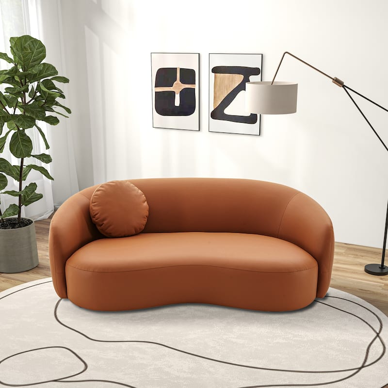 Nova Mid Century Modern Japandi Style Curvy Leather Sofa - Cognac