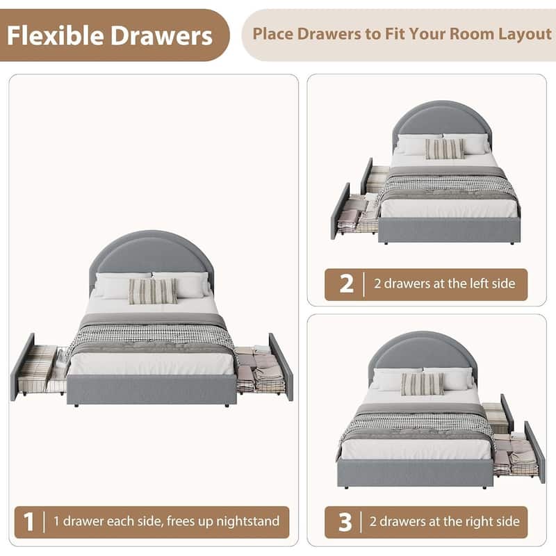 Boucle Upholstered Platform Bed Frame, with 2 Storage Drawers