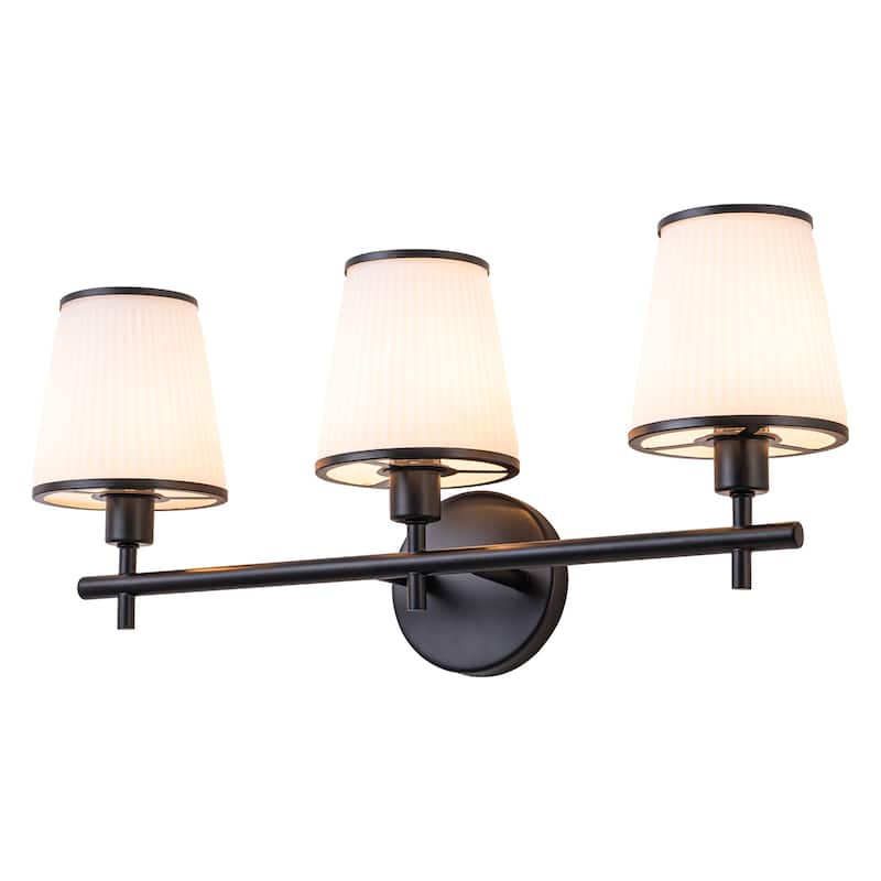 3-Light Matte Black Metal Wall Sconce Ribbed Fabric Shade Traditional - Black