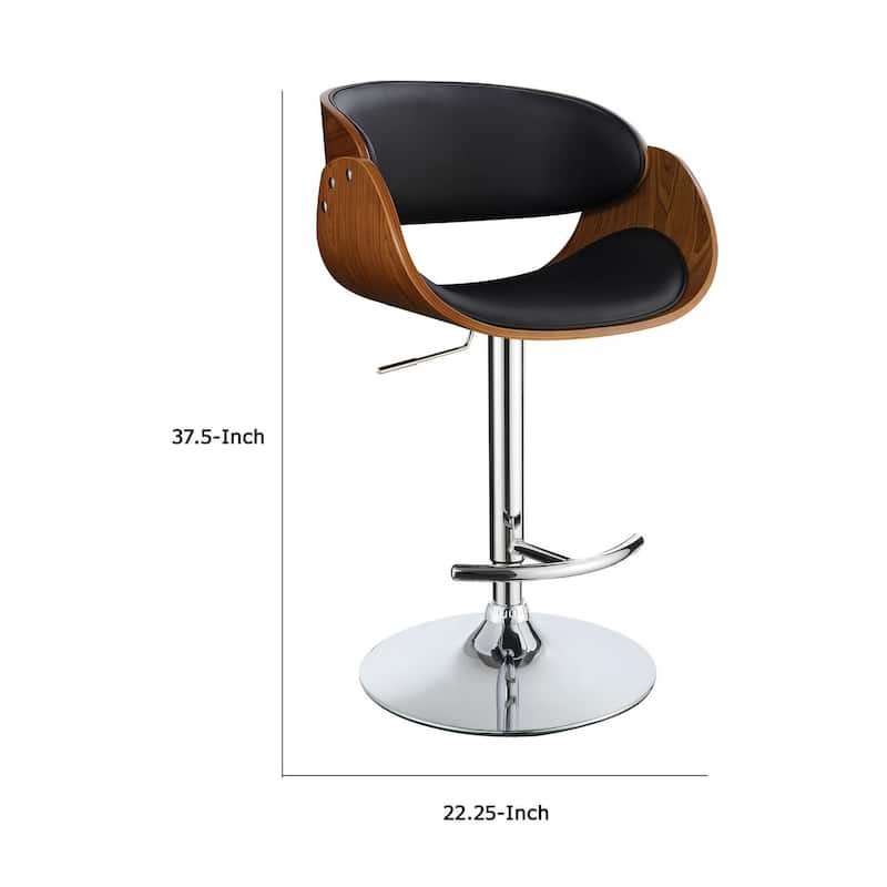 Adjustable Height Swivel Bar Stool with Chrome Base, Wooden Arms, Contemporary Counter Height Kitchen Seating