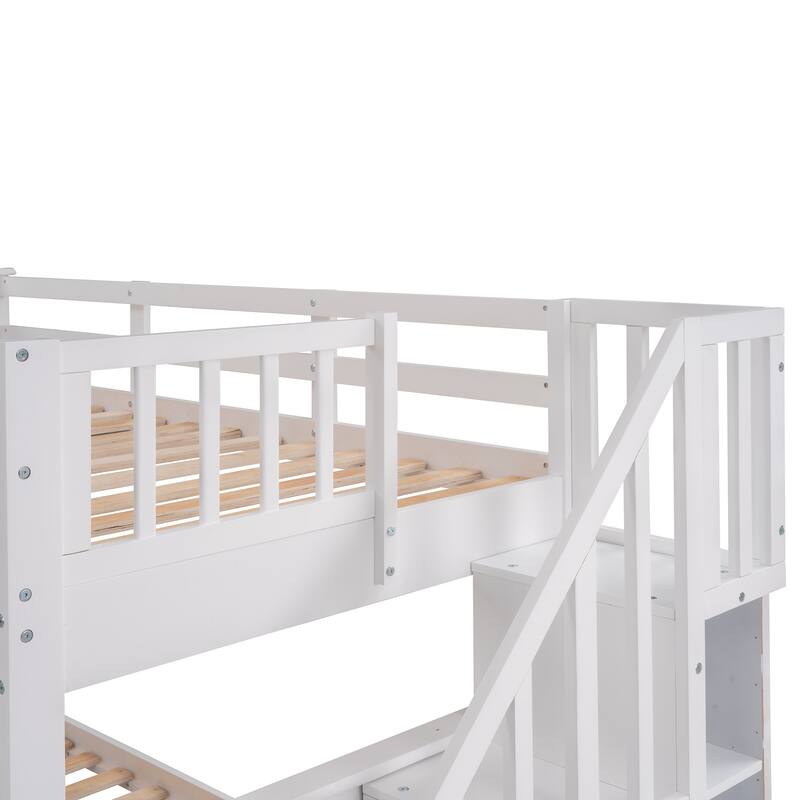 Multi-Functional Twin Over Twin Bunk Bed with 3 Drawers, Storage Stairs, Armrest and Full-Length Guardrails for Kids