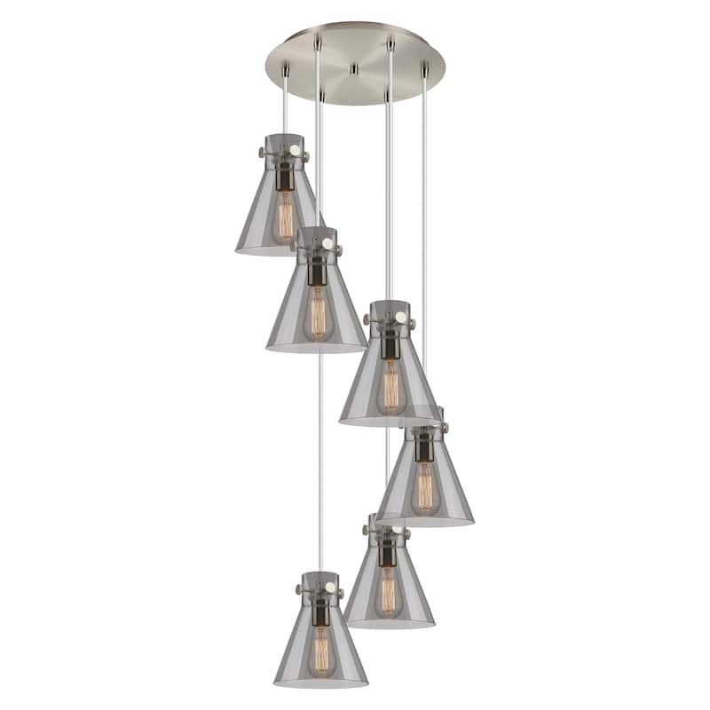 Innovations Lighting Newton Cone - 6 Light 8" Cord Hung Multi Pendant - 14" Canopy - Brushed Satin Nickel/Light Smoke
