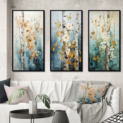 Designart "Birch Woods Whispering Winds VII" Floral Framed Wall Art Set Of 3 Frame Gallery Wall Set For Home Decor