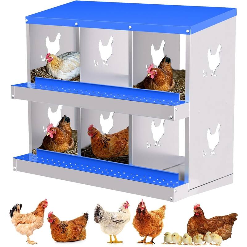 6 Compartment Metal Chicken Nesting Box, Laying Box for Hens Ducks Rabbits, Blue - Blue without Legs