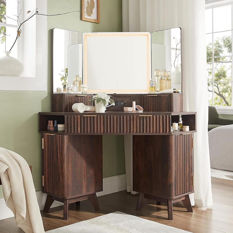 Modern Fluted Makeup Vanity Desk with 3 Way Mirror&Light, Vanity Table - Dark Walnut