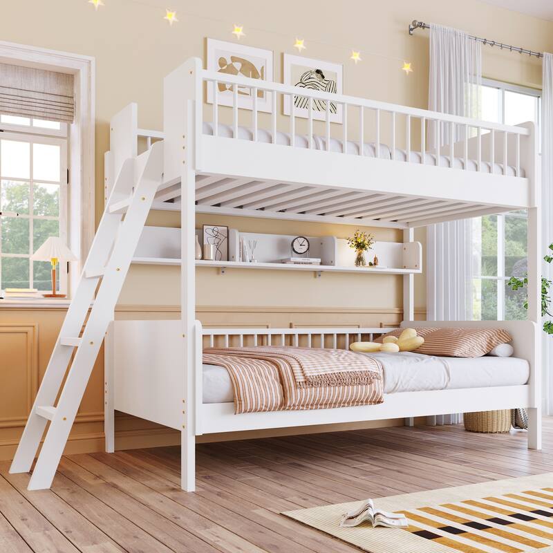 Twin Over Twin Wood Bunk Bed with 3 Storage Shelves, Reversible Ladder - White - Twin