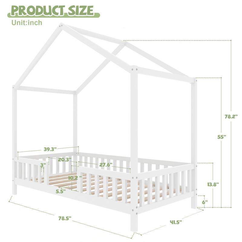 Twin Bed Frame for Kids, House Shape Toddler Bed Frame with High Railings, Wood Kids Bed with Roof