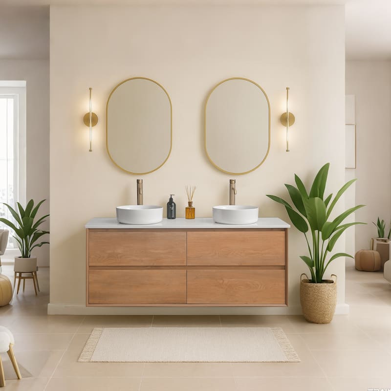 60" Floating Bathroom Vanity Quartz Counter Top with Double Ceramic Vessel Sink